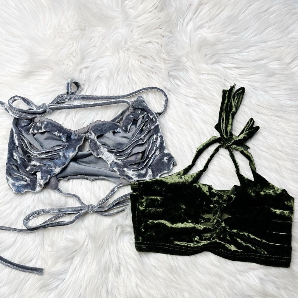SHEIN Crushed Velvet Cut Out Crop Top Set Grey and Green Size XS